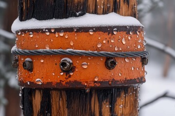 Close-Up of Water Droplets on a Wooden Utility Pole in Snow