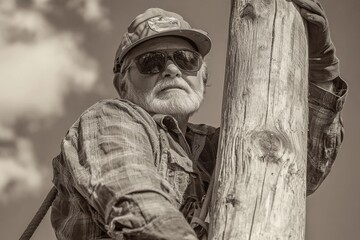 Skilled Elderly Worker Climbing Utility Pole During Clear Day