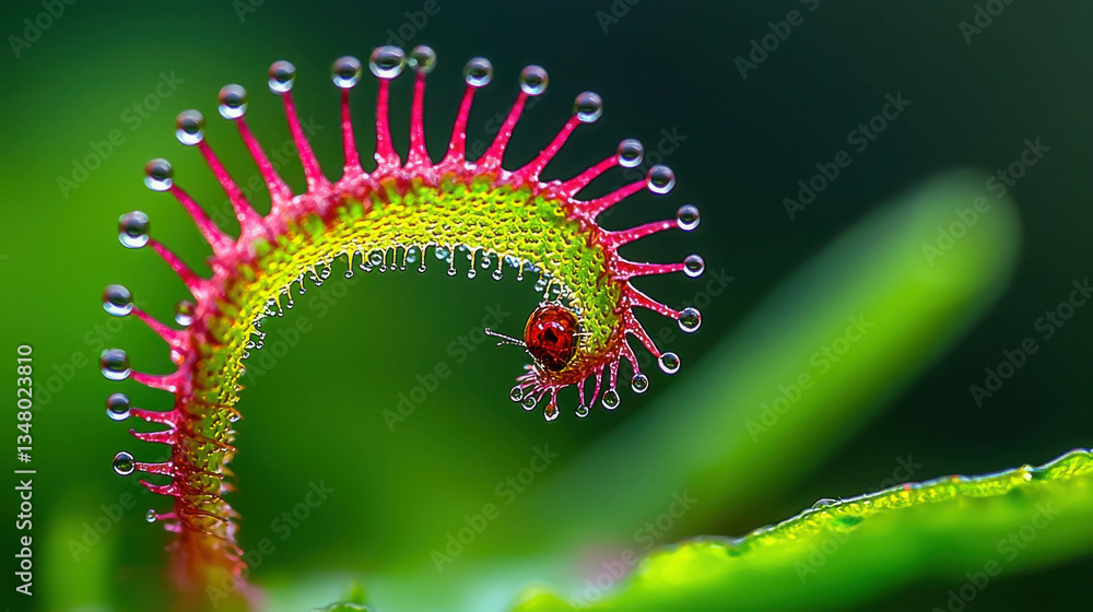 Poster unique close-up of a bug on a colorful sundew plant with dew drops sparkling in sunlight