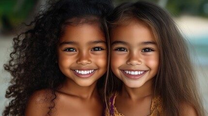 Fototapeta premium Two young girls, smiling broadly, with healthy, radiant smiles, close-up portrait on a beach setting