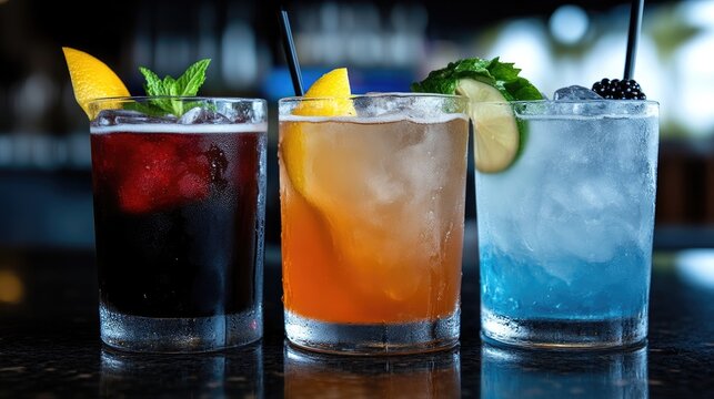 Three refreshing cocktails in different colors