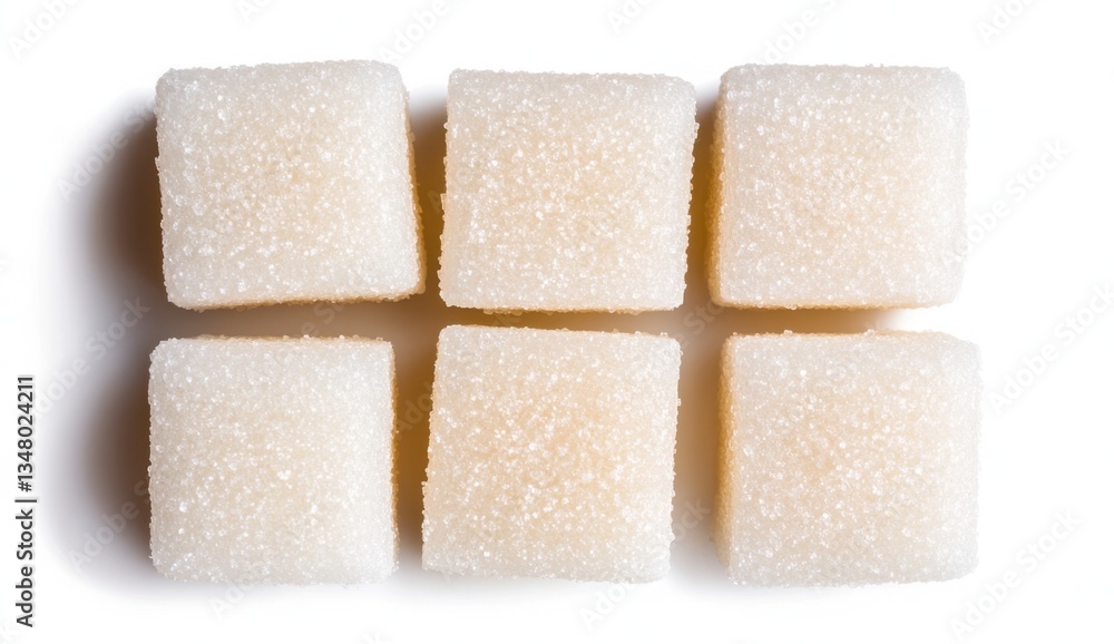 Poster six white sugar cubes arranged in a two by three grid on a white background. close up overhead shot 