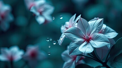 Fototapeta premium Soft white flowers with pink centers are illuminated by morning light showcasing droplets of water on their petals in a serene garden setting