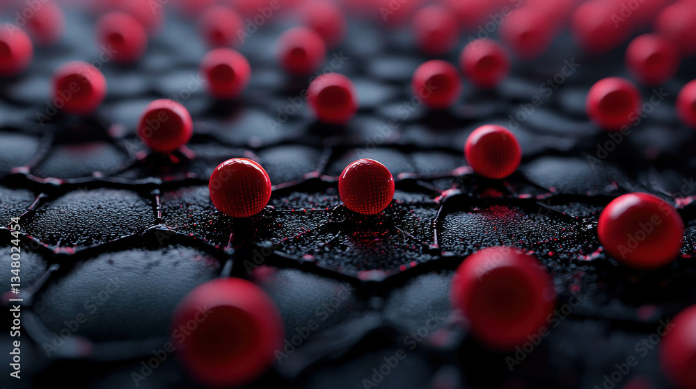 Poster red spheres on black surface with abstract geometric patterns and textures