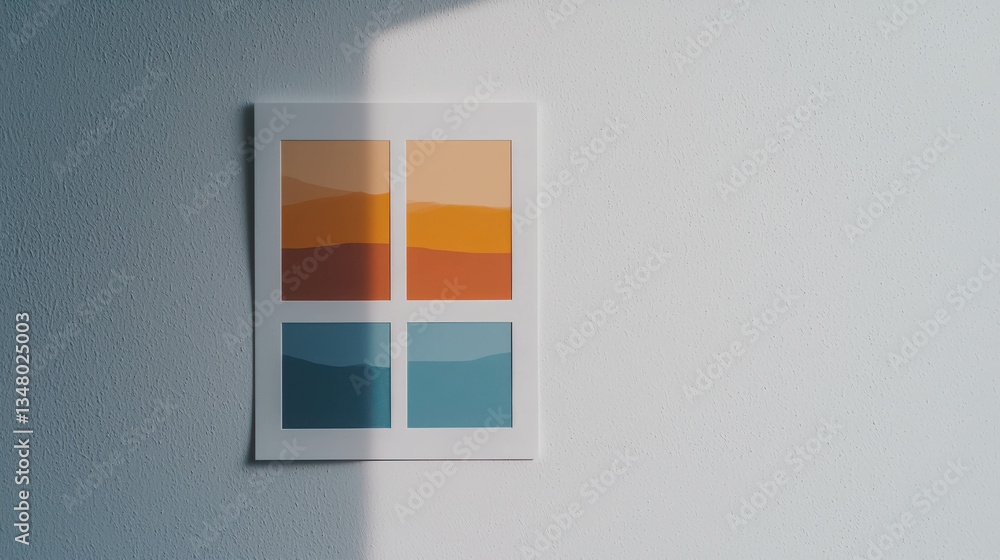 Poster minimalist art print with warm and cool color blocks on a light wall background
