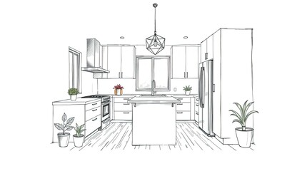 Fototapeta premium Bright modern kitchen showcases a minimalist design with an island stainless steel appliances and potted plants adding a touch of nature to the space