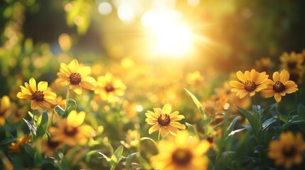 Golden Sunlit Flowers Bloom Brightly In Summer Meadow