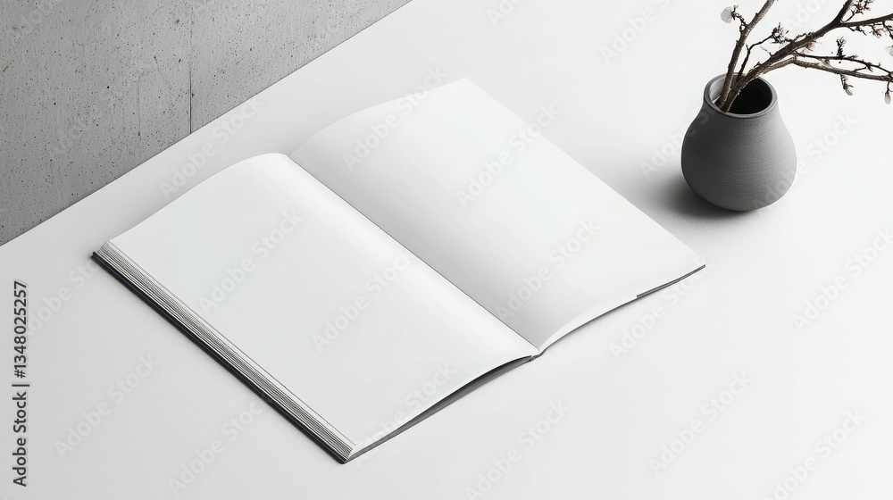 Poster minimalist open notebook with blank pages next to a simple vase on a table