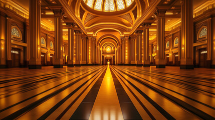 Naklejka premium Grand, opulent hall with gleaming golden floors, columns, and arched ceilings. Warm lighting enhances the luxurious atmosphere, creating a majestic ambiance.