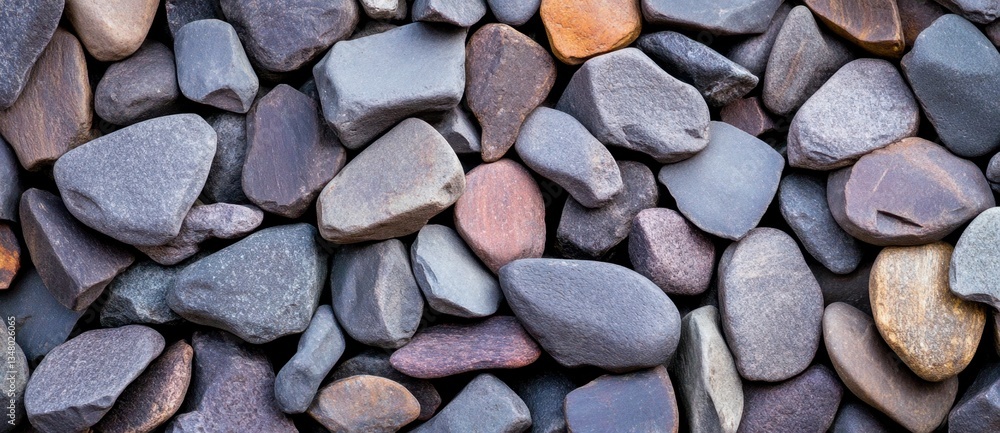 Poster close up view of a collection of gray, brown, and multicolored stones, various shapes and sizes, cre