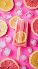 Refreshing popsicles made with lemon and grapefruit slices, surrounded by ice cubes, set against a vibrant pink background, evoking a cool and zesty summer vibe.