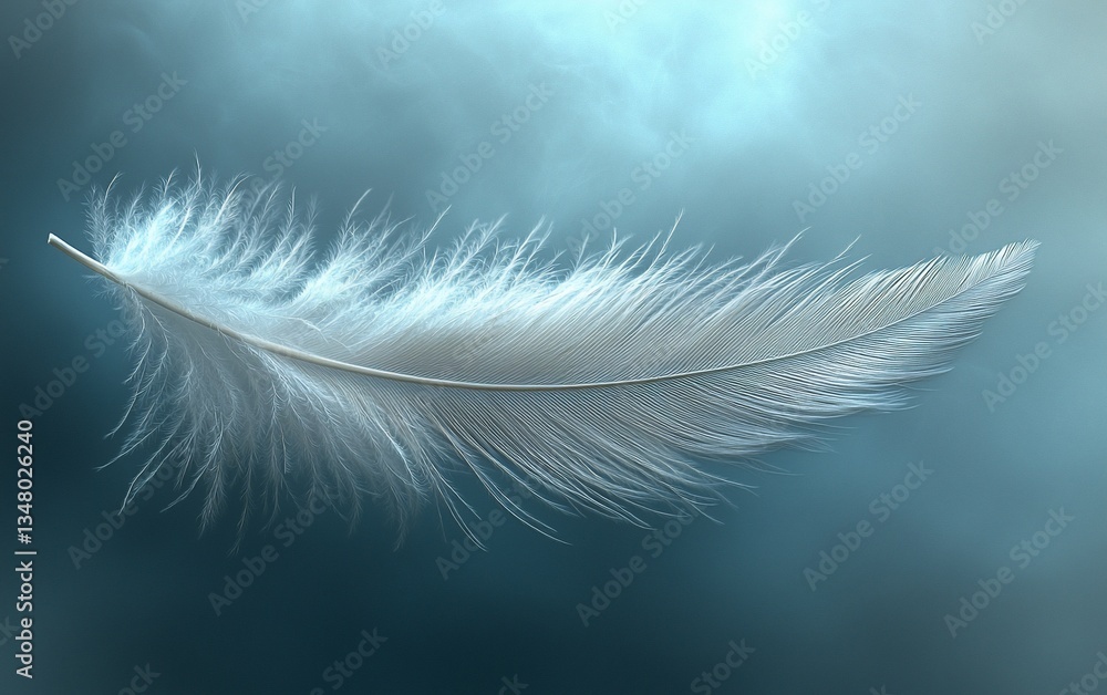 Poster delicate feather floating in soft light; ethereal, serene backdrop