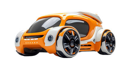 Futuristic Concept Car in Orange and White with Unique Wheel Design on Transparent Background for Automotive Innovation and Clean Energy Concepts