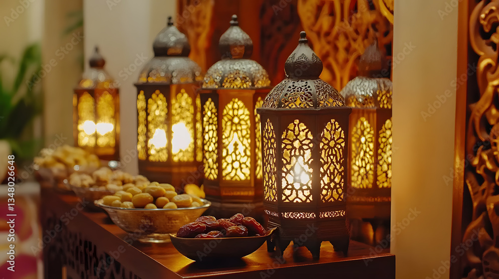 Poster ornate lanterns illuminate a table laden with dates and other sweets, creating a warm and inviting a