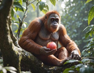 Obraz premium An orangutan enjoying an apple in a lush forest