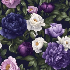 Seamless Pattern of Lush Stylized Peonies in Deep Purple Lavender and White Colors Set Against a Distinctive Dark Navy Blue Background Design