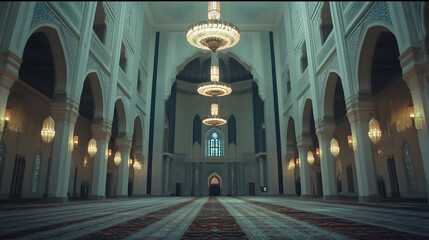 Fototapeta premium Grand mosque interior with intricate architecture, elegant chandeliers, and a serene atmosphere. The spacious prayer hall is adorned with ornate details and a rich carpet.