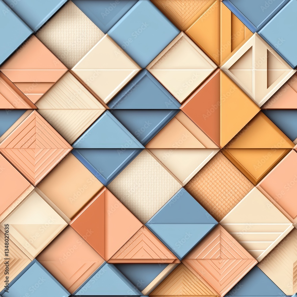 Poster abstract geometric pattern featu interlocking squares and triangles in muted blues, oranges, creams,