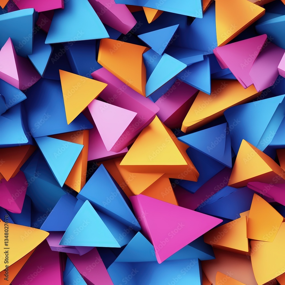 Poster a vibrant collection of abstract colorful triangles in dynamic blue, orange, and pink tones creating