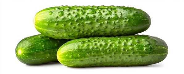 Three fresh green cucumbers arranged in a stack against a white background. The cucumbers are glistening with moisture, showcasing their texture.