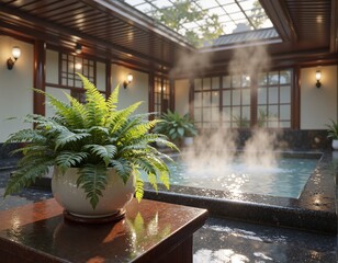 Serene indoor spa with lush fern and soothing steam
