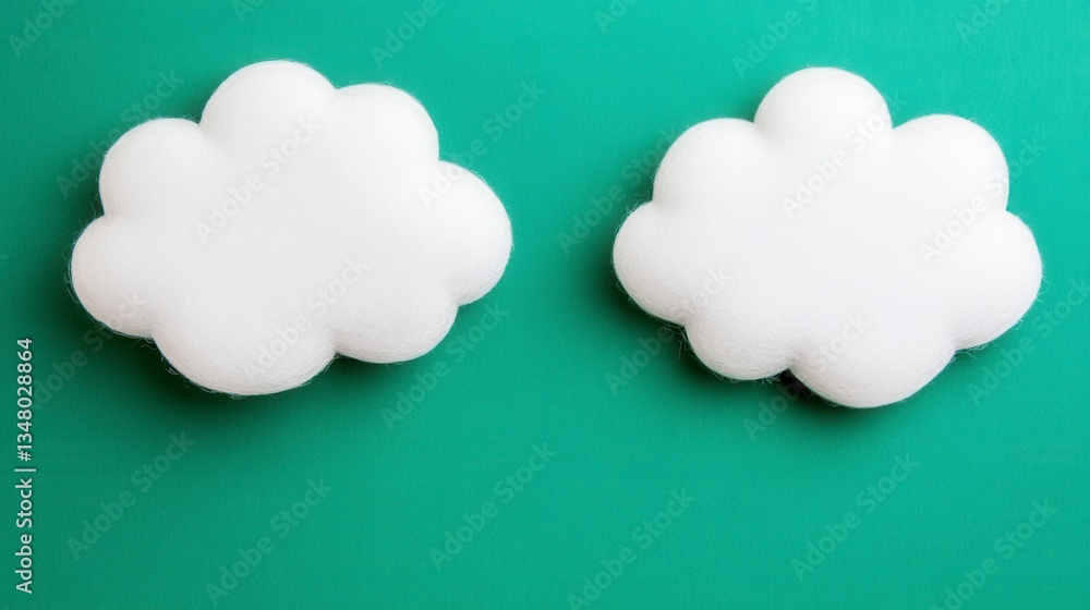 Poster two white cloud shaped objects on a teal background. simple, minimalist design with a soft texture.