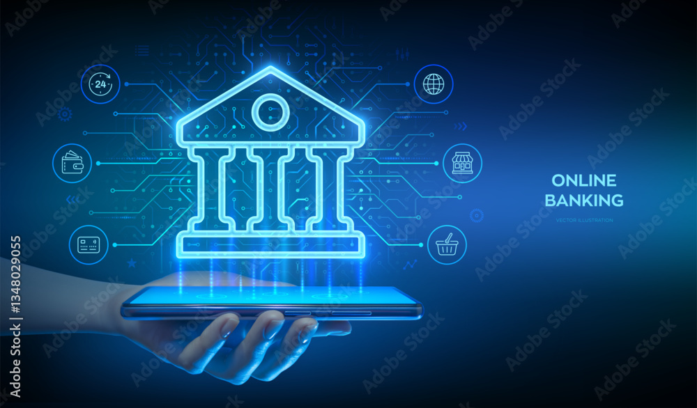 Poster banking service. using a online banking application on smartphone. finance and banking global intern