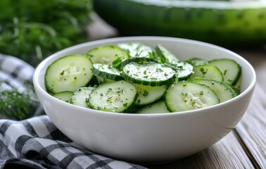 Freshly Sliced Cucumbers with Herbs in White Bowl on Wooden Table Surrounded by Greenery and Checkered Cloth