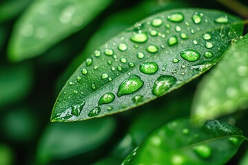 raindrops glistening on fresh green leaves with soft light