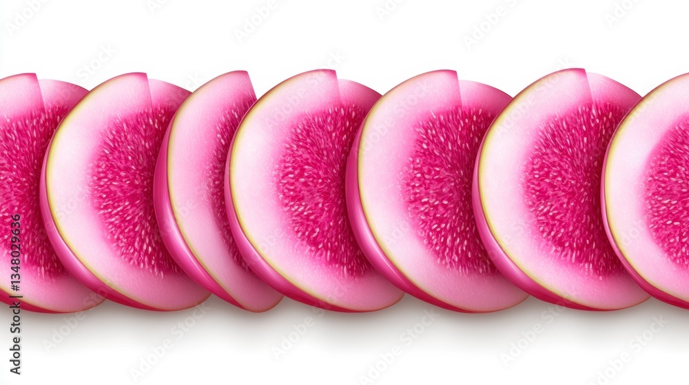 Poster close up of vibrant pink fig slices arranged in a row against a white background. the figs are thinl