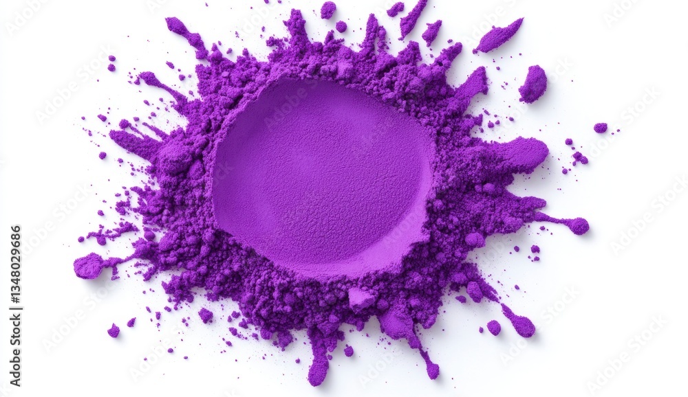 Poster vibrant purple powder explosion with a central circular void against a stark white background. the t