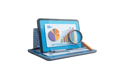 Laptop with colorful charts and graphs, magnifying glass on screen, and copy space

