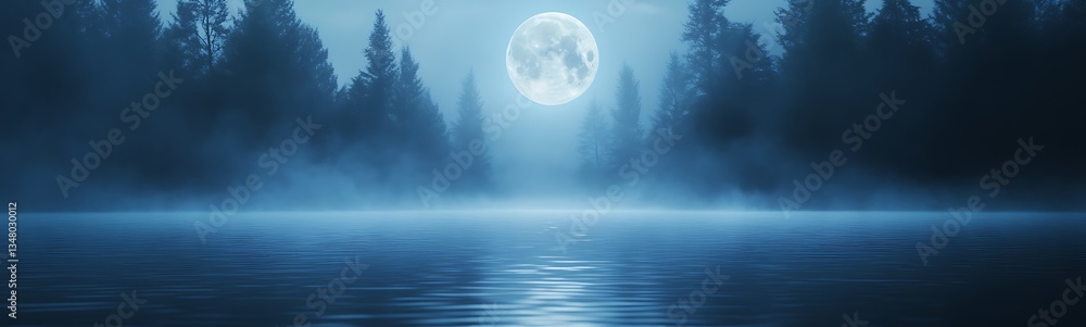 Poster moonlit lake surrounded by dense trees in a tranquil, misty setting.