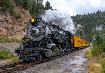 Naklejka premium A vintage steam locomotive train chugs along rain soaked railway tracks through a lush green mountain valley. Dark, powerful engine with billowing steam, yellow passenger cars.