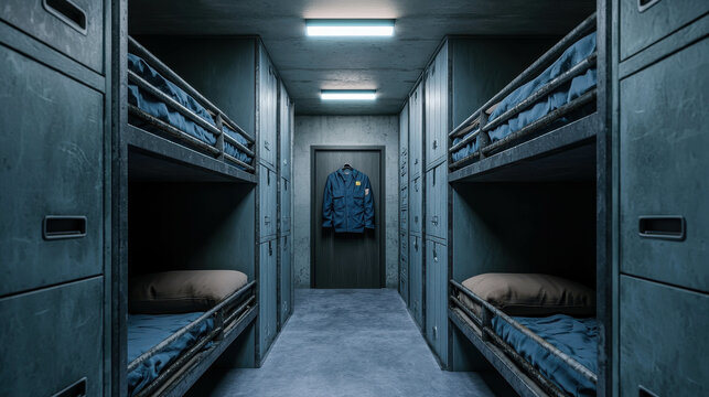 Dormitory Room with Bunk Beds and Uniform Hanging on Door in Industrial Style Interior Design - Powered by Adobe