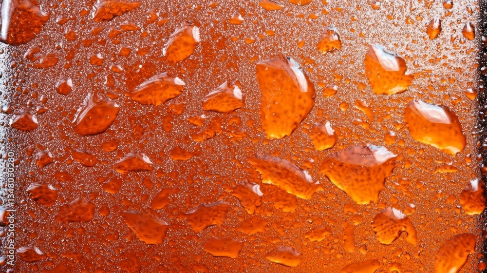 Poster close up view of water droplets on an amber colored surface. the droplets vary in size and shape, cr