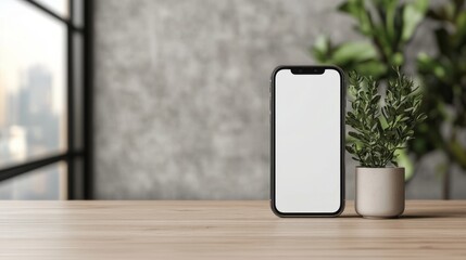 Smartphone with blank screen stands beside small potted plant