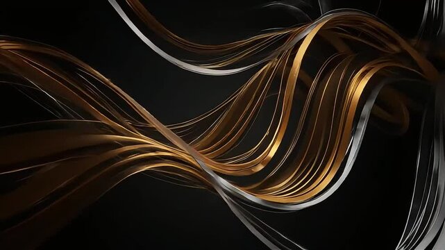 Abstract Flowing Golden and Silver Lines on Black Background