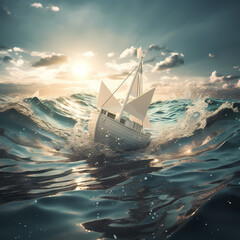 Obraz premium Conceptual image of a paper boat sailing on a digital sea