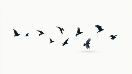 Flock of birds in flight, against white background