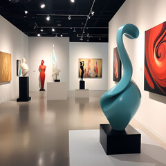 Contemporary art gallery with abstract sculptures 