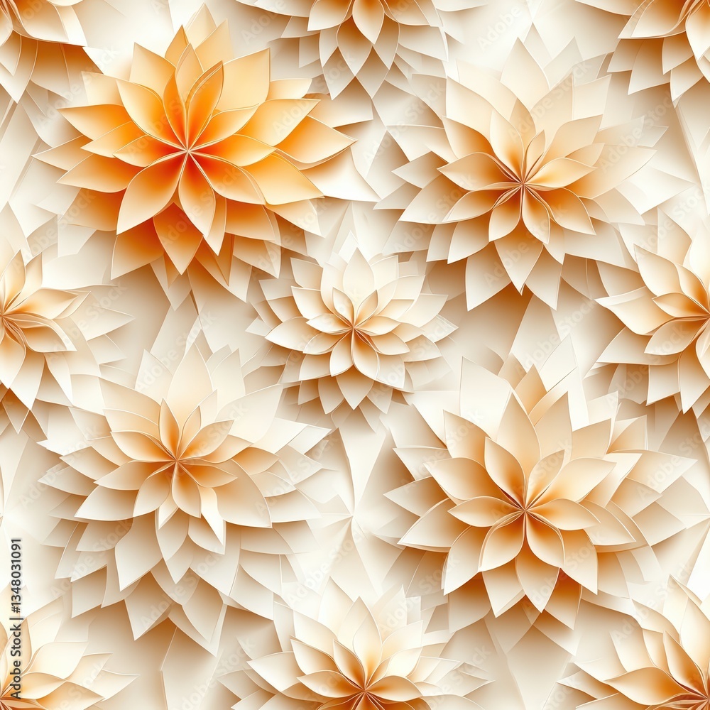 Poster seamless pattern of origami-inspired flowers in orange and white shades creating an elegant texture 