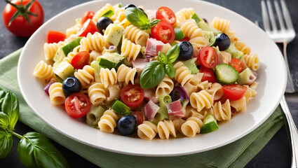 Fresh delicious italian penne pasta and tomato vegetables with broccoli, basil, onions in a bowl on a dining table. Food concept for menus, restaurant, advertisement. Close up wallpaper.