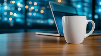 Fototapeta premium White coffee mug on wooden desk with blurred laptop and city lights background. Warm lighting and calming atmosphere.