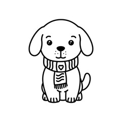 Cute Happy Puppy Little Dog Pet Animal Cartoon Character Wearing Scarf in Line Art Style