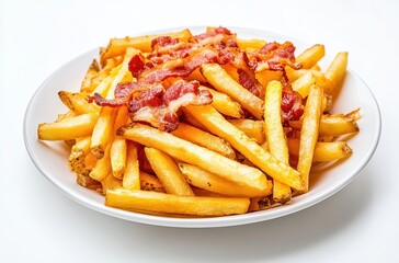 Golden French Fries Topped with Crispy Bacon Strips Served on a White Plate, Perfect for Culinary and Food Photography Projects