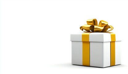 White gift box with gold ribbon on white background. Presents, celebration, surprise.