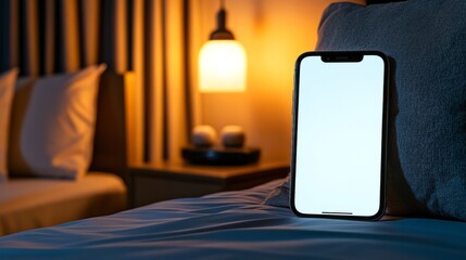 Illuminated smartphone with blank screen stands on a comfortable bed