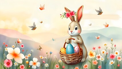 Cute Easter Bunny with Basket of Colorful Eggs in Spring Floral Background
