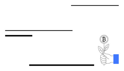 Hand gripping sprouting plant topped with Bitcoin icon, conveying eco-conscious significance of cryptocurrency. Ideal for sustainability, investment, eco-finance, blockchain technology, economic
